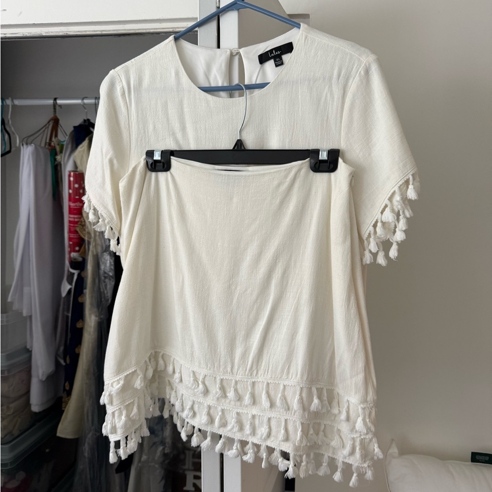 Chic White Top & Skirt with Tassel Details